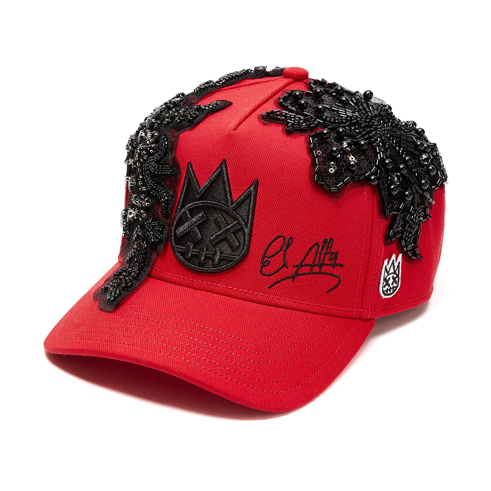 Cult X El Alfa Lurex Emb Logo 5 Panel A Frame Trucker Hat in Red - Image 2