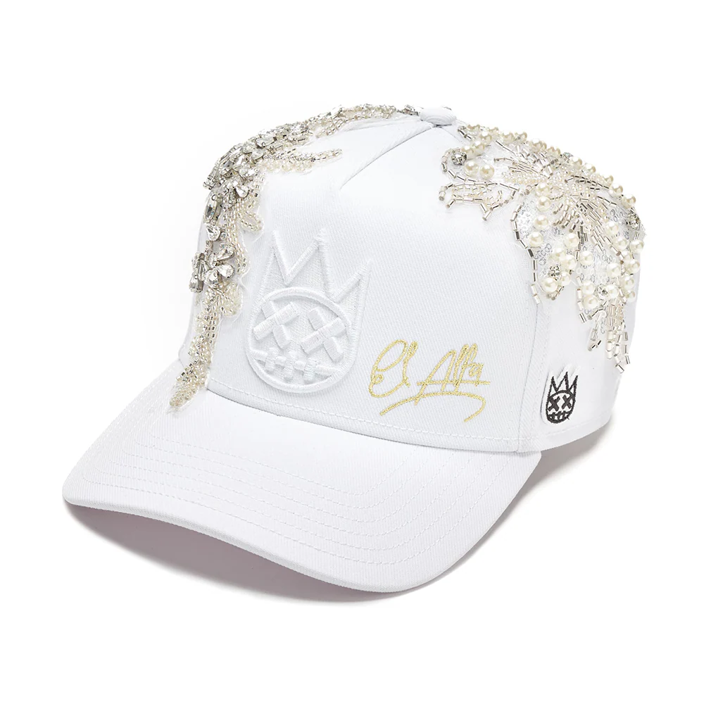 Cult X El Alfa Lurex Emb Logo 5 Panel A Frame Trucker Hat in White - Image 2