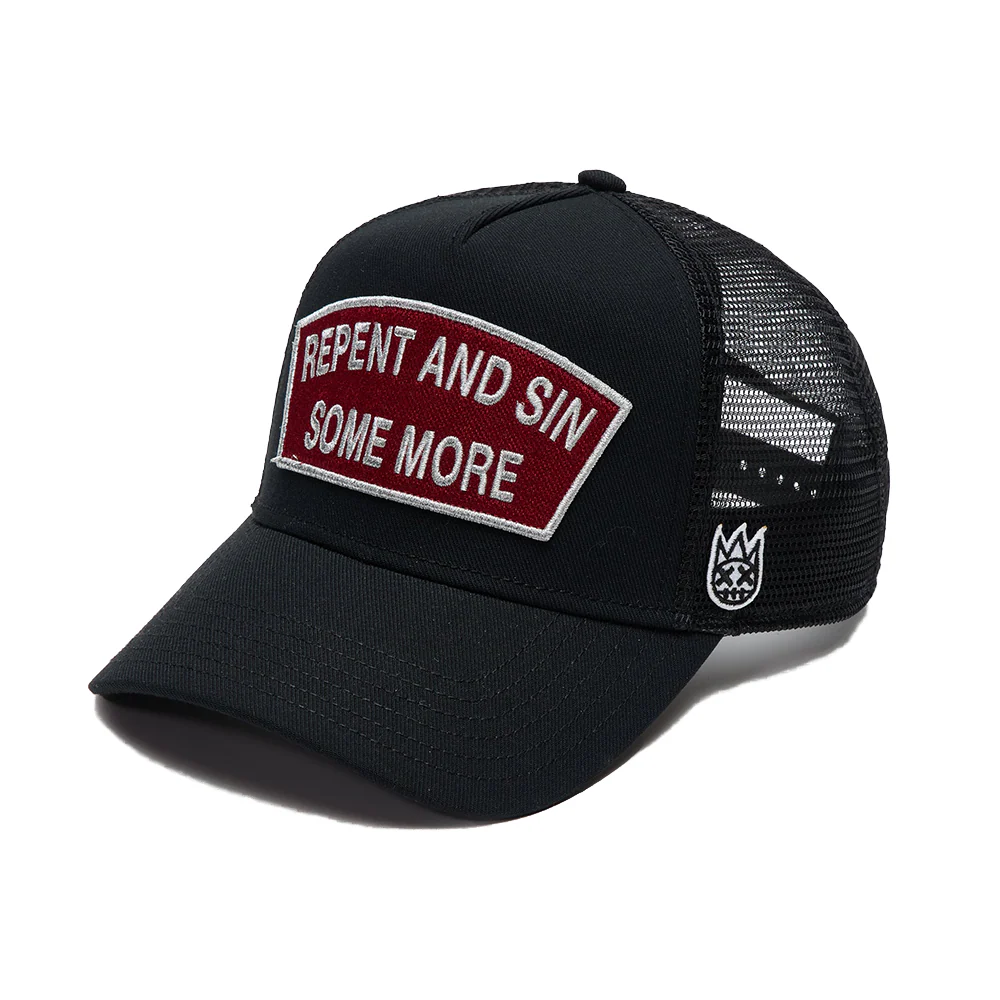 Cult's Logo Mesh Back Trucker Hat "Repent And Sin Some More" in Black - Image 2