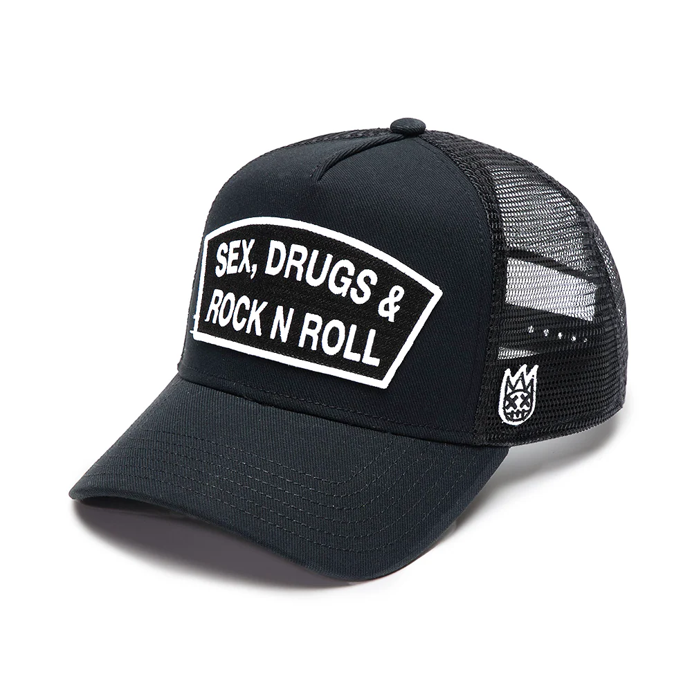 Cult's Logo Mesh Back Trucker Hat "Sex Drugs Rock N Roll" in Black - Image 2